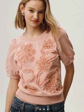 NWT Anthropologie Maeve Cherry Blossom Puff- Sleeve Floral Blouse Tee SZ SMALL